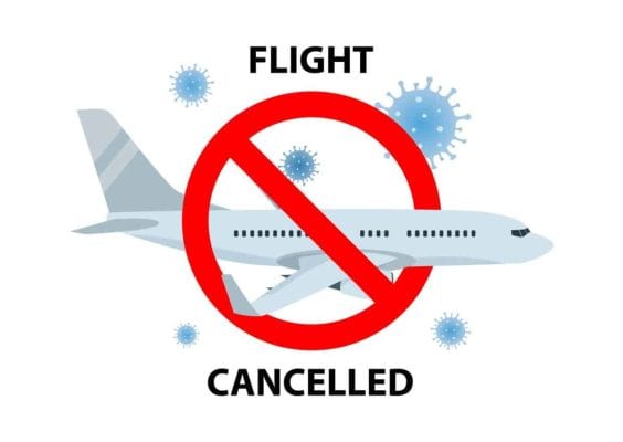 Vector poster of Flight cancelled with plain, virus 2019-ncov and forbidden sign on isolated white. Flight cancelled illustration, Pandemic Novel coronavirus disease. Impact of Corona virus COVID-19.